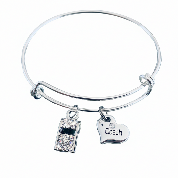 Coach Charm Bracelet - Silver Expandable Bangle with Heart & Whistle Charms