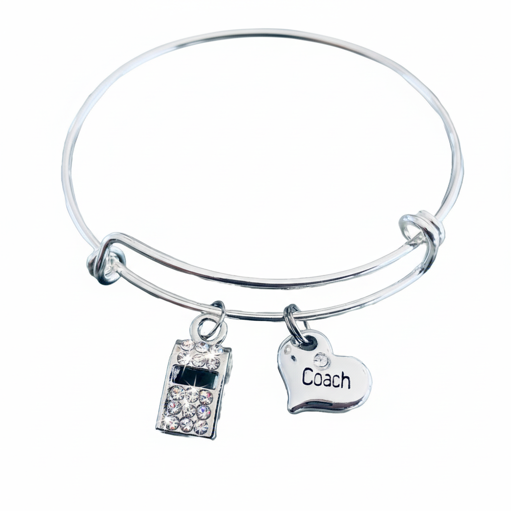 Coach Charm Bracelet - Silver Expandable Bangle with Heart & Whistle Charms