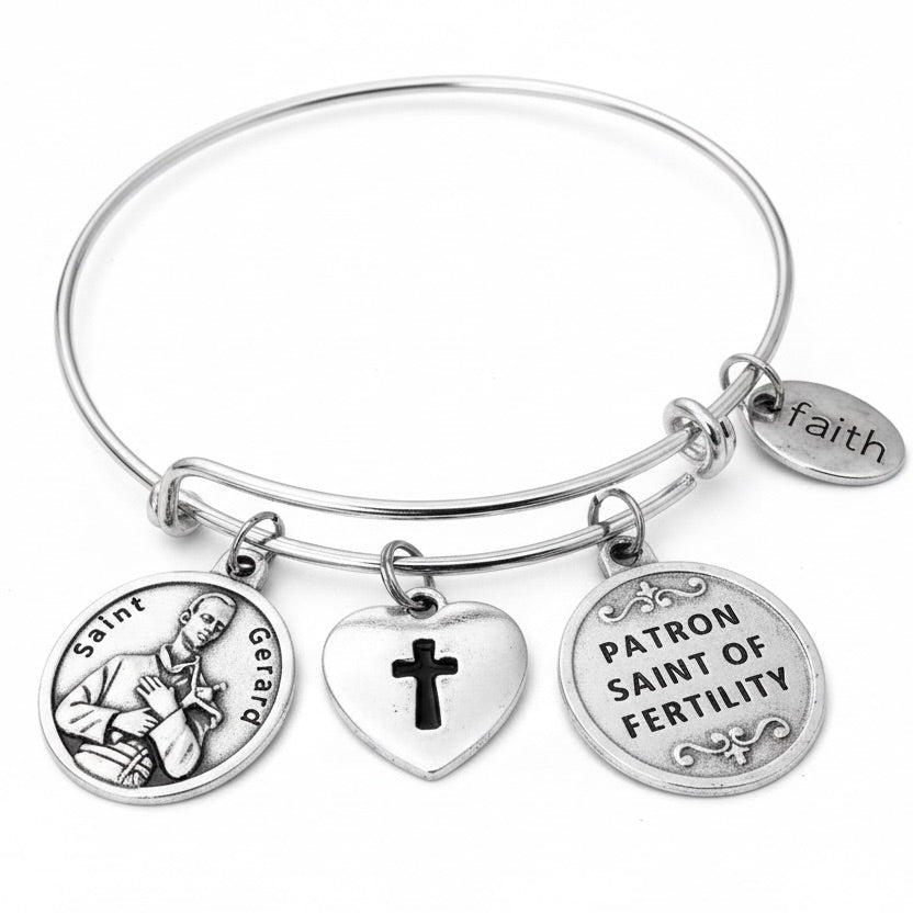 St Gerard Fertility Bracelet, Patron Saint Charm Bangle, Silver Expandable Bracelet, Pregnancy Gift for Expectant Mothers, Faith Jewelry