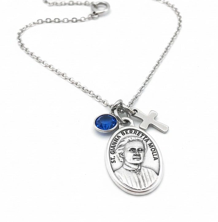 St Gianna Beretta Molla Necklace, Patron Saint of Mothers, Personalized Birthstone Cross Necklace, Stainless Steel Catholic Jewelry