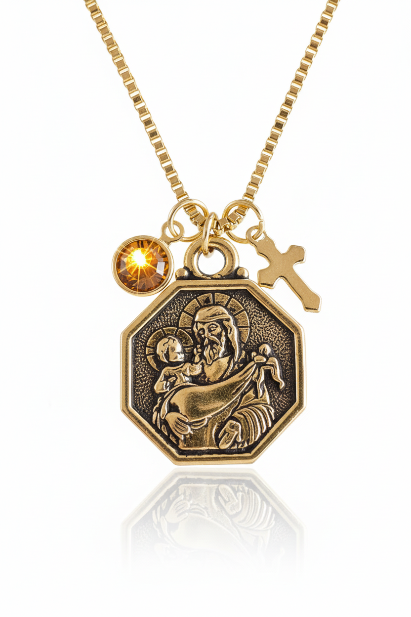 Saint Christopher Protect Us Gold Necklace Saint Christopher Medal Patron Saint of Travelers Protection Charm Necklace Custom Charm Necklace