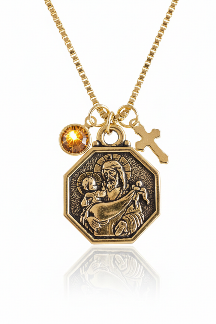 Saint Christopher Protect Us Gold Necklace Saint Christopher Medal Patron Saint of Travelers Protection Charm Necklace Custom Charm Necklace
