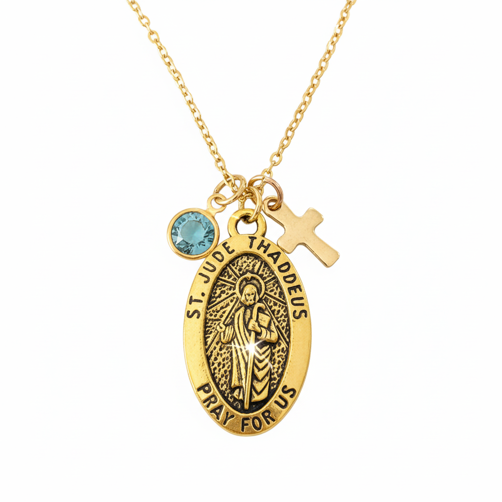 Saint Jude Necklace Gold Medal with Birthstone - Double sided Patron Saint of Hope Gift for Men & Women - San Judas Tadeo