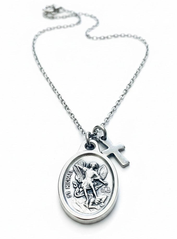 St. Michael Necklace Optional Birthstone, Italian Oxidized Silver Medal & Guardian Angel, Stainless Steel Chain, Confirmation Gift