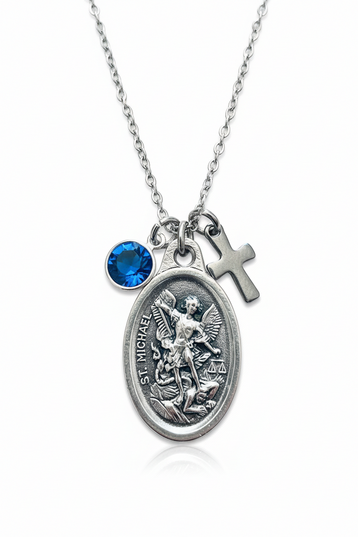 St. Michael Necklace Optional Birthstone, Italian Oxidized Silver Medal &amp; Guardian Angel, Stainless Steel Chain, Confirmation Gift