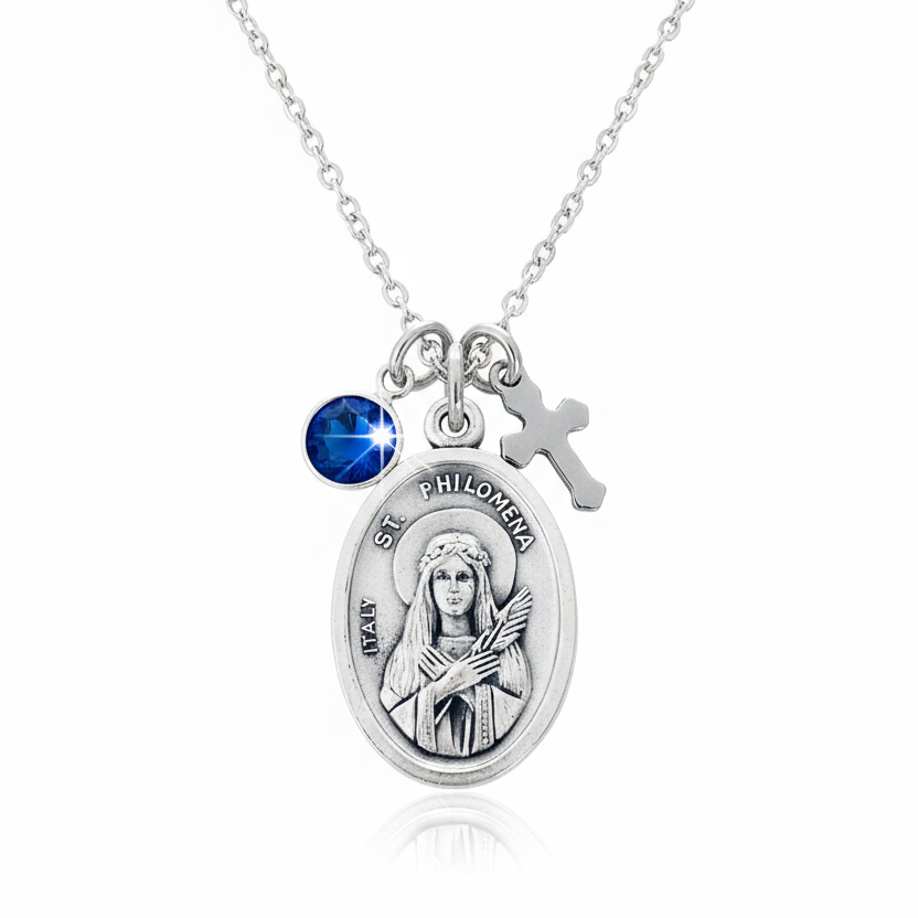 St Philomena Medal Necklace, Catholic Saint Jewelry, Personalized Birthstone Cross Necklace, Faith Gift for Her