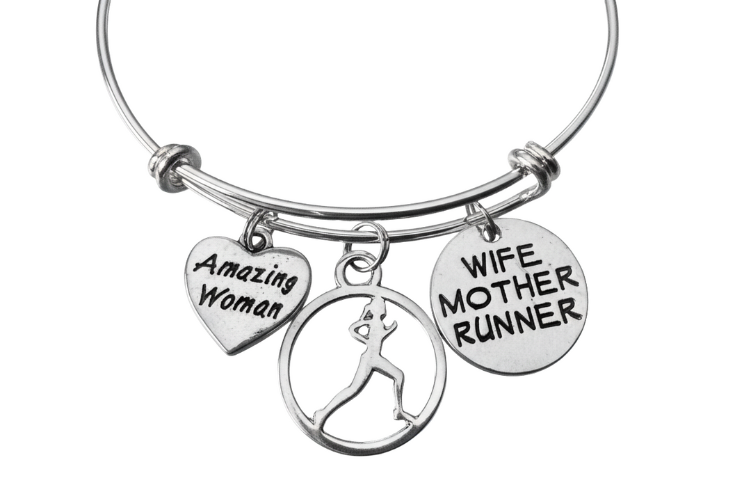 Wife Mother Runner Bracelet Amazing Woman Silver Expandable Bangle, Running Jewelry Gift for Marathon Half Marathon 5K