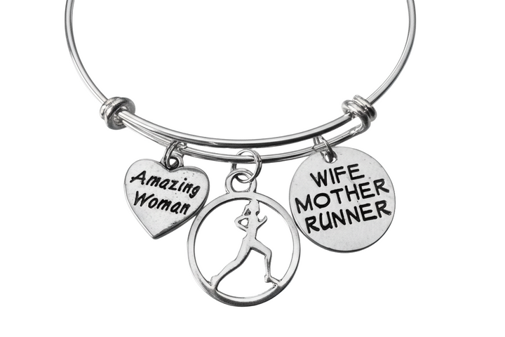 Wife Mother Runner Bracelet Amazing Woman Silver Expandable Bangle, Running Jewelry Gift for Marathon Half Marathon 5K
