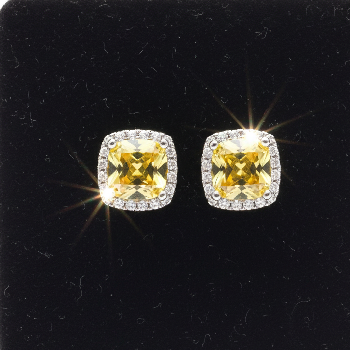 2 Carat Yellow Moissanite Earrings Sterling Silver, Halo Stud Earrings, Lab Diamond Alternative