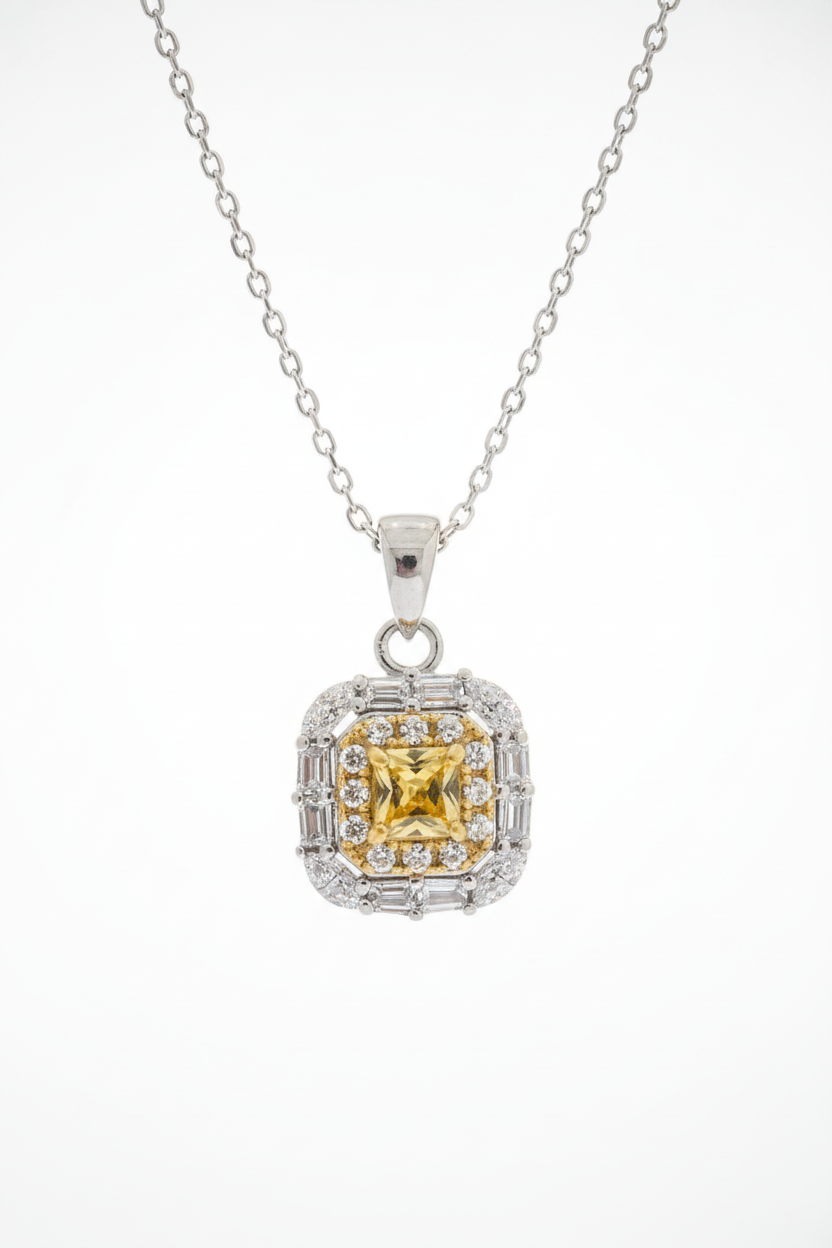 Princess Cut Yellow Moissanite Necklace, Double Halo Sterling Silver, 16-18 Inch Chain