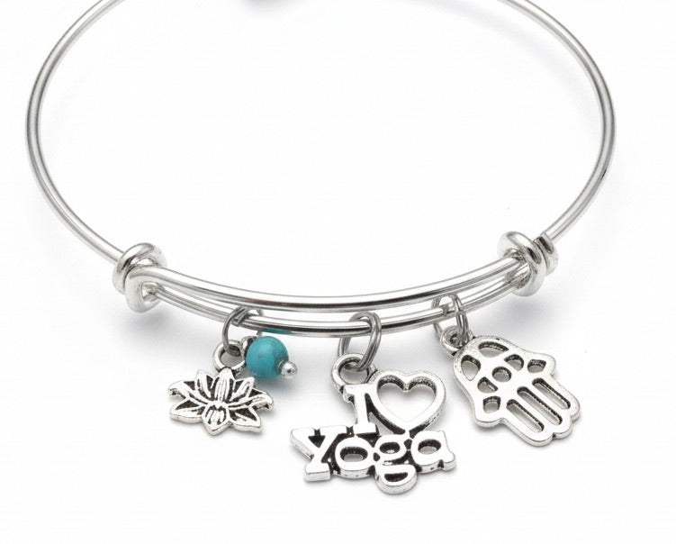 Yoga Charm Bracelet - I Love Yoga Turquoise Lotus Hamsa | Adjustable Silver Bangle Gift