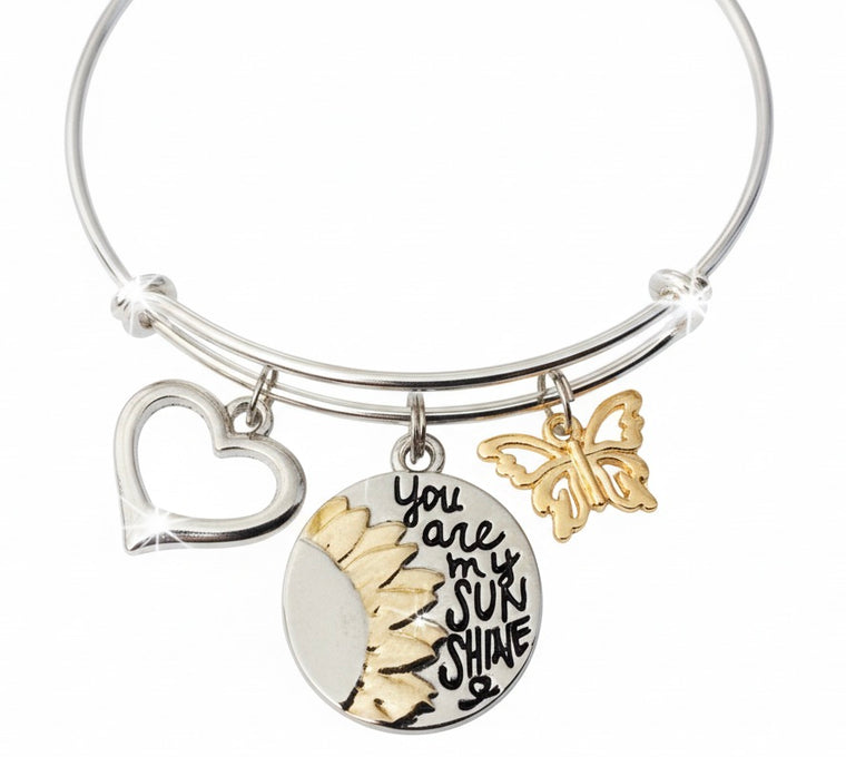 You Are My Sunshine Bracelet, Inspirational Charm Bangle, Adjustable Silver Butterfly Heart Bracelet, Motivational Gift for Women