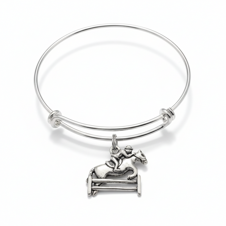 Equestrian Horse Bracelet – Silver Expandable Bangle with Horse &amp; Rider Charm – Gift for Jockeys &amp; Horse Lovers