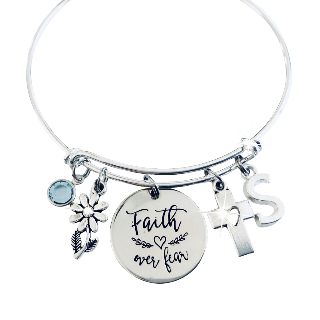 Faith Over Fear Charm Bracelet for Women, Silver Expandable Bangle, Inspirational Religious Gift Jewelry