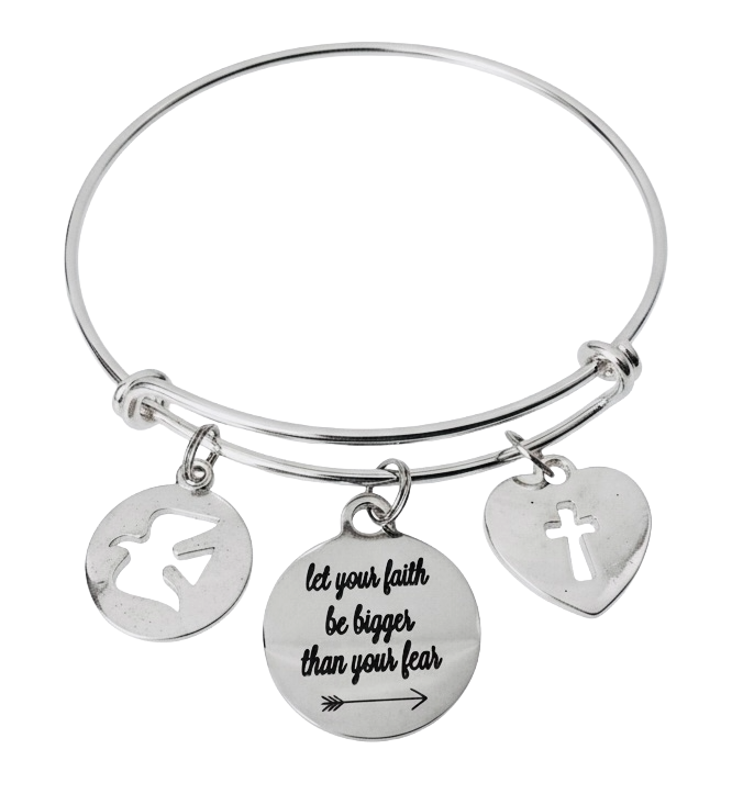 Let Your Faith Be Bigger Than Your Fear Bracelet, Religious Inspirational Jewelry, Adjustable Silver Cross Believe Charm Bangle