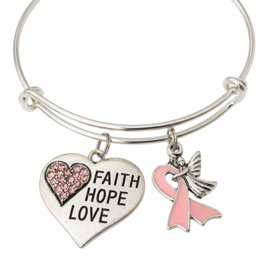 Silver expandable charm bangle bracelet with large Faith Hope Love silver heart charm with pink crystal rhinestone pavé and silver angel charm holding pink enamel breast cancer awareness ribbon — breast cancer awareness gift bracelet by Jules Obsession