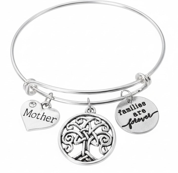 Families Are Forever Mother Charm Bracelet | Celtic Tree of Life Jewelry | Meaningful Mom Gift | Adjustable Silver Bangle
