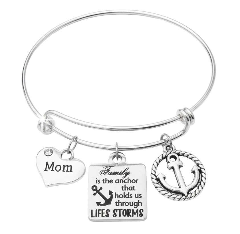 Family is the Anchor Mom Charm Bracelet | Nautical Anchor Jewelry | Mother Gift | Adjustable Silver Bangle | Meaningful Mom Gift