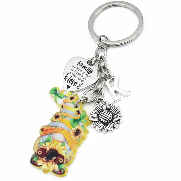 Sunflower Gnome Family Keychain | Personalized Initial Charm Keychain | Family Gift