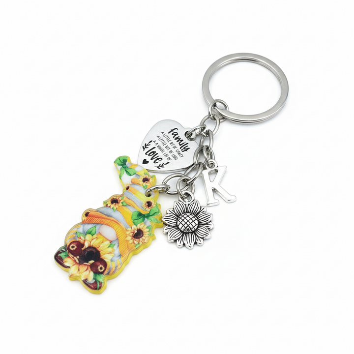 Sunflower Gnome Family Keychain | Personalized Initial Charm Keychain | Family Gift
