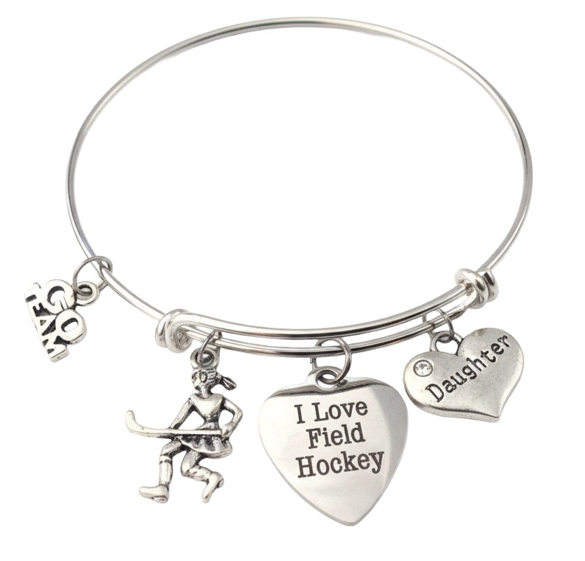 Silver bracelet with charms including 'I Love Field Hockey' and 'Daughter' Field Hockey Daughter Bracelet – I Love Field Hockey Charm Bangle Gift for Girls