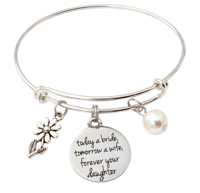  Today a Bride Tomorrow a Wife Forever Your Daughter Mother Jewelry Adjustable Bracelet Expandable Silver Charm Bangle Wedding One Size Fits All Gift Mother of the Bride