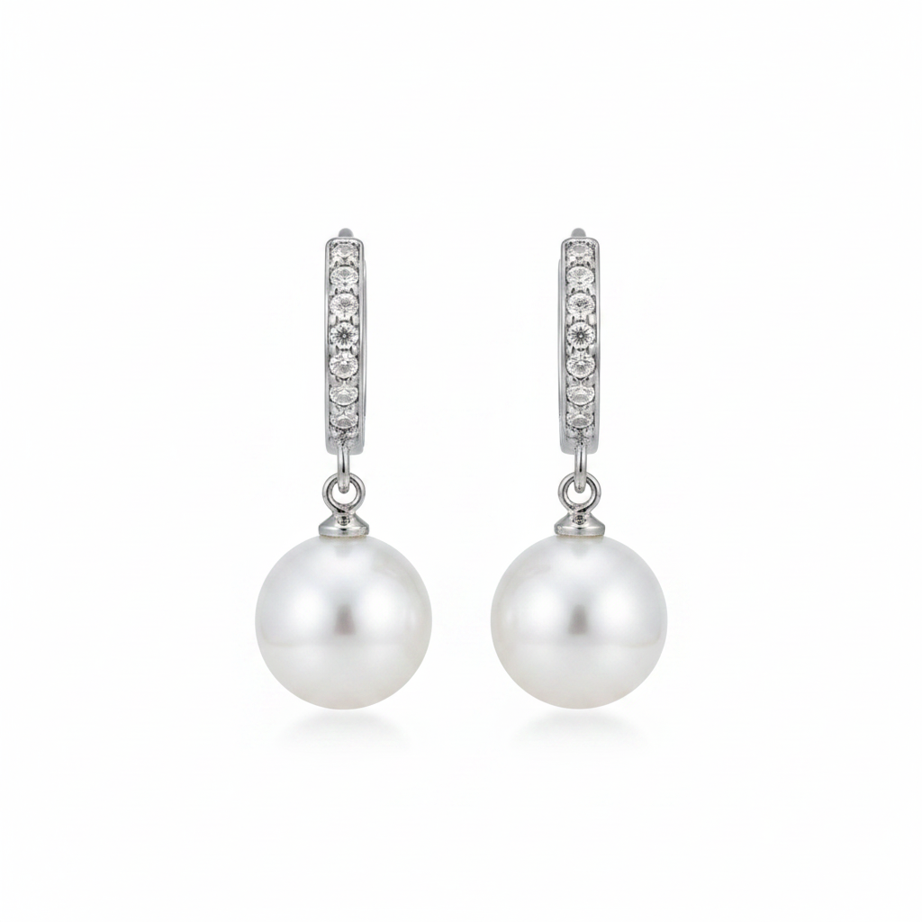 9mm white freshwater pearl drop earrings with CZ pavé huggie hoop tops in 925 sterling silver