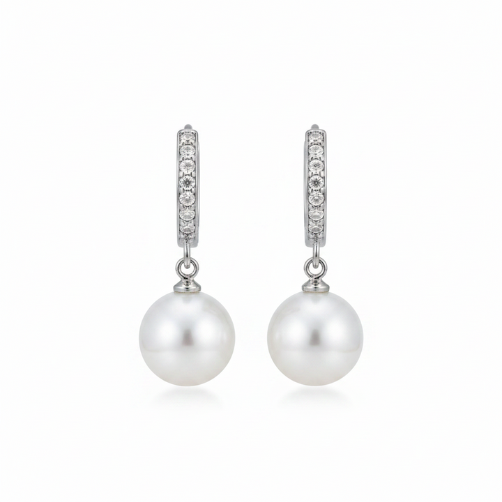 9mm white freshwater pearl drop earrings with CZ pavé huggie hoop tops in 925 sterling silver