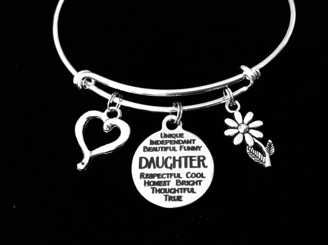 Daughter Charm Bracelet – Silver Expandable Bangle with Heart, Daisy &amp; Inspirational Daughter Quote Charm – Gift from Mom or Dad