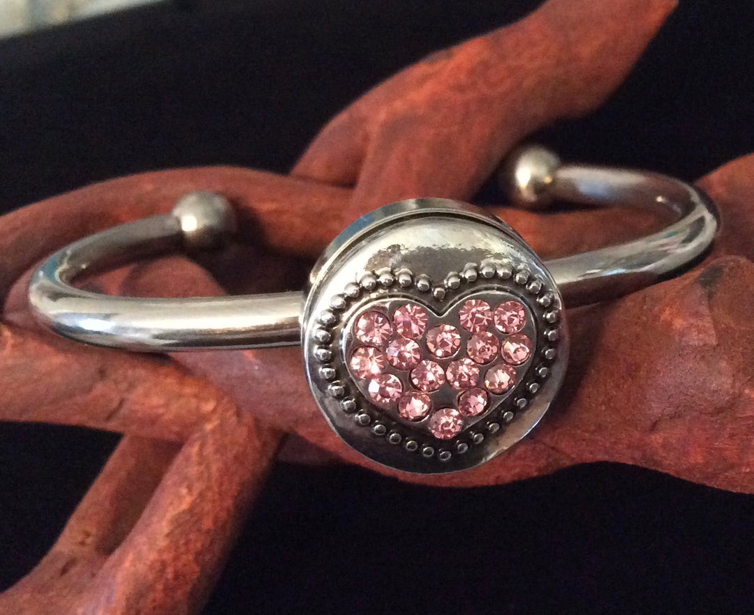 Pink Crystal Heart Snap Bracelet – Surgical Stainless Steel | Interchangeable 18mm Snap | One Size Fits Most