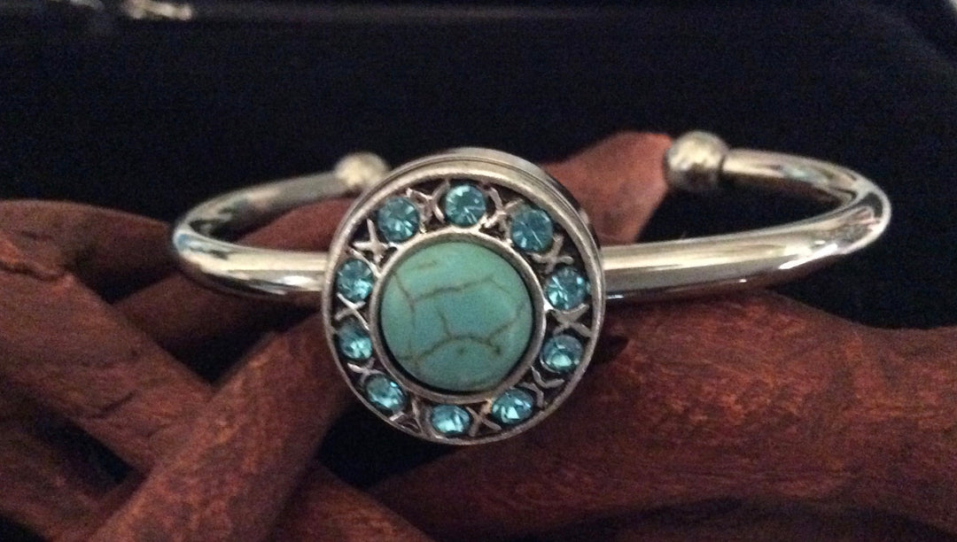 Turquoise &amp; Aqua Crystal Snap Bracelet – Silver Cuff with 18mm Interchangeable Snap | Boho Jewelry | Gift for Her