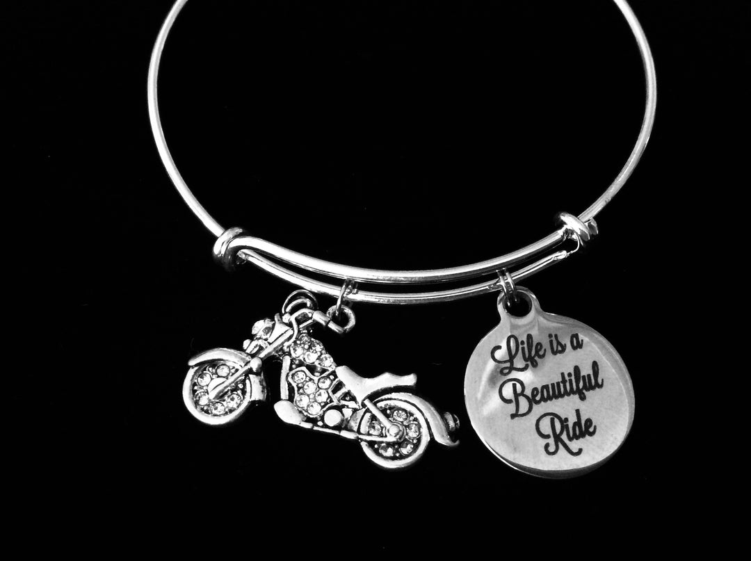 Life is a Beautiful Ride Motorcycle Charm Bracelet | Crystal Rhinestone Biker Jewelry | Adjustable Silver Bangle | Gift for Women Riders
