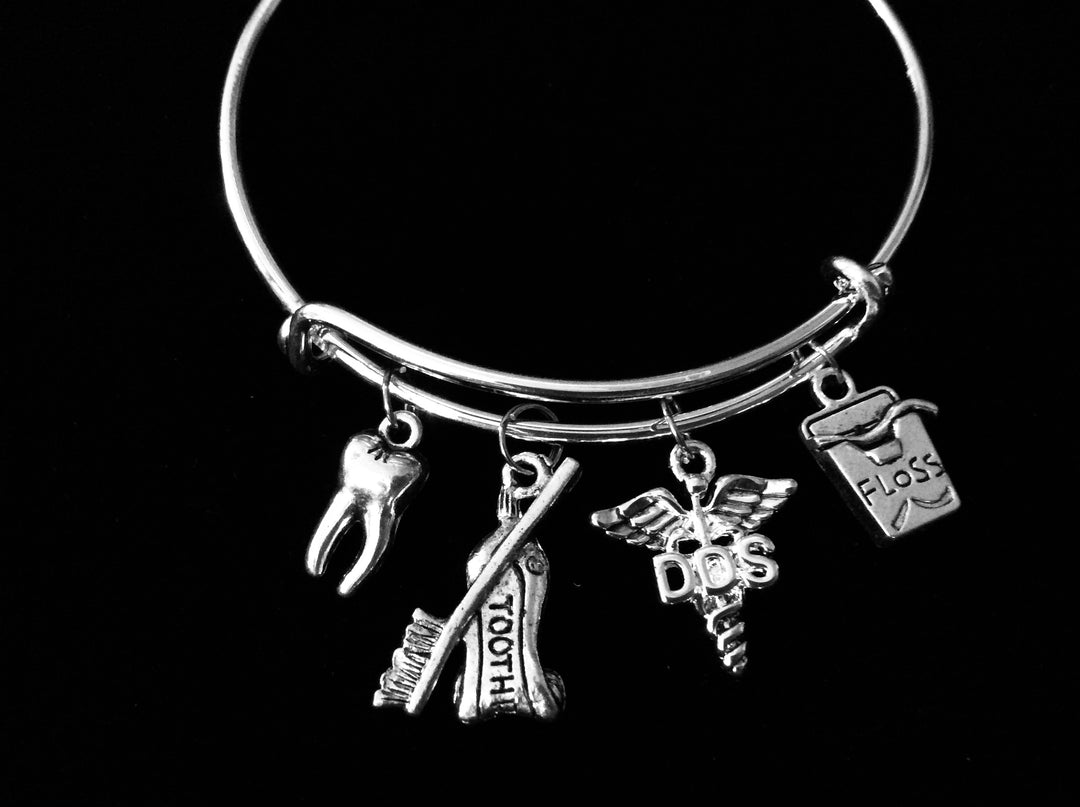 DDS Dentist Bracelet | Tooth, Toothbrush, Caduceus &amp; Floss Charm Bangle | Dental Gift