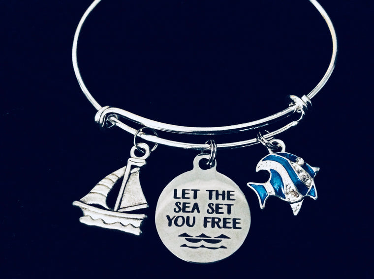 Let the Sea Set You Free Bracelet – Silver Expandable Nautical Bangle with Sailboat, Fish & Ocean Charms – Beach Lover Jewelry Gift