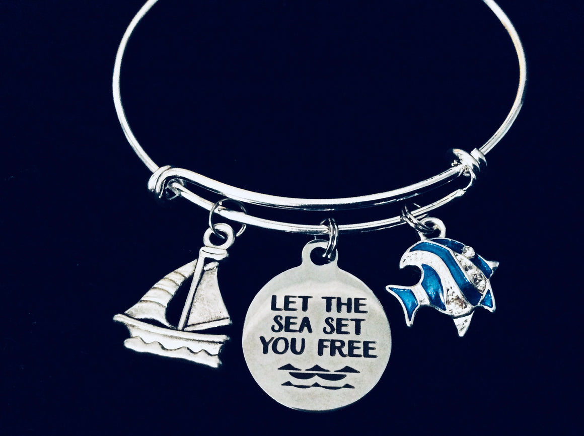 Let the Sea Set You Free Bracelet – Silver Expandable Nautical Bangle with Sailboat, Fish & Ocean Charms – Beach Lover Jewelry Gift