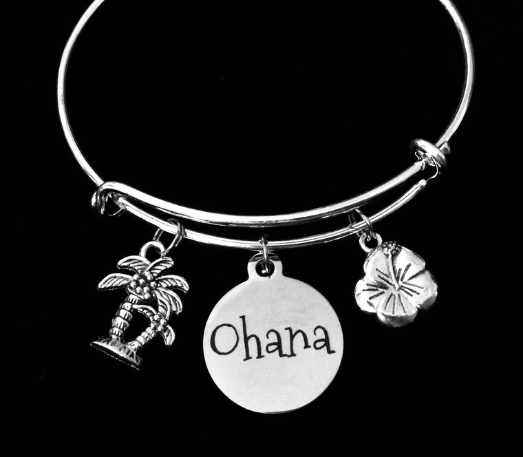 Ohana Family Charm Bracelet – Silver Expandable Bangle with Hibiscus & Palm Tree – Adjustable Gift for Her
