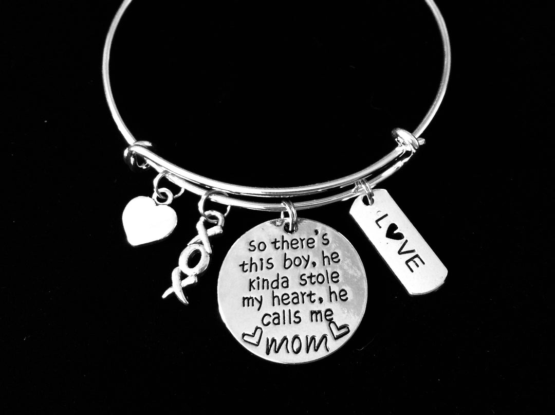 Boy Mom Bracelet – “He Kinda Stole My Heart, He Calls Me Mom” Silver XOXO Charm Bangle Gift