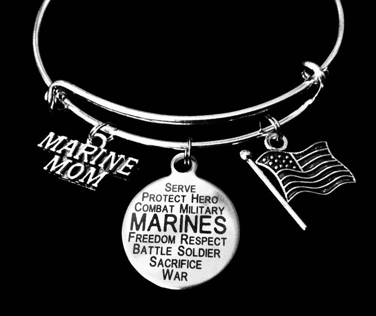 Marine Mom expandable charm bracelet with USA flag on silver adjustable bangle