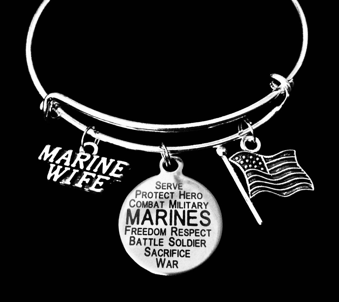 Marine Wife expandable charm bracelet with USA flag charm on silver adjustable bangle