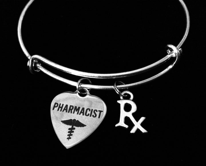Pharmacist Gift Bracelet | Rx &amp; Caduceus Heart Charm Silver Expandable Bangle