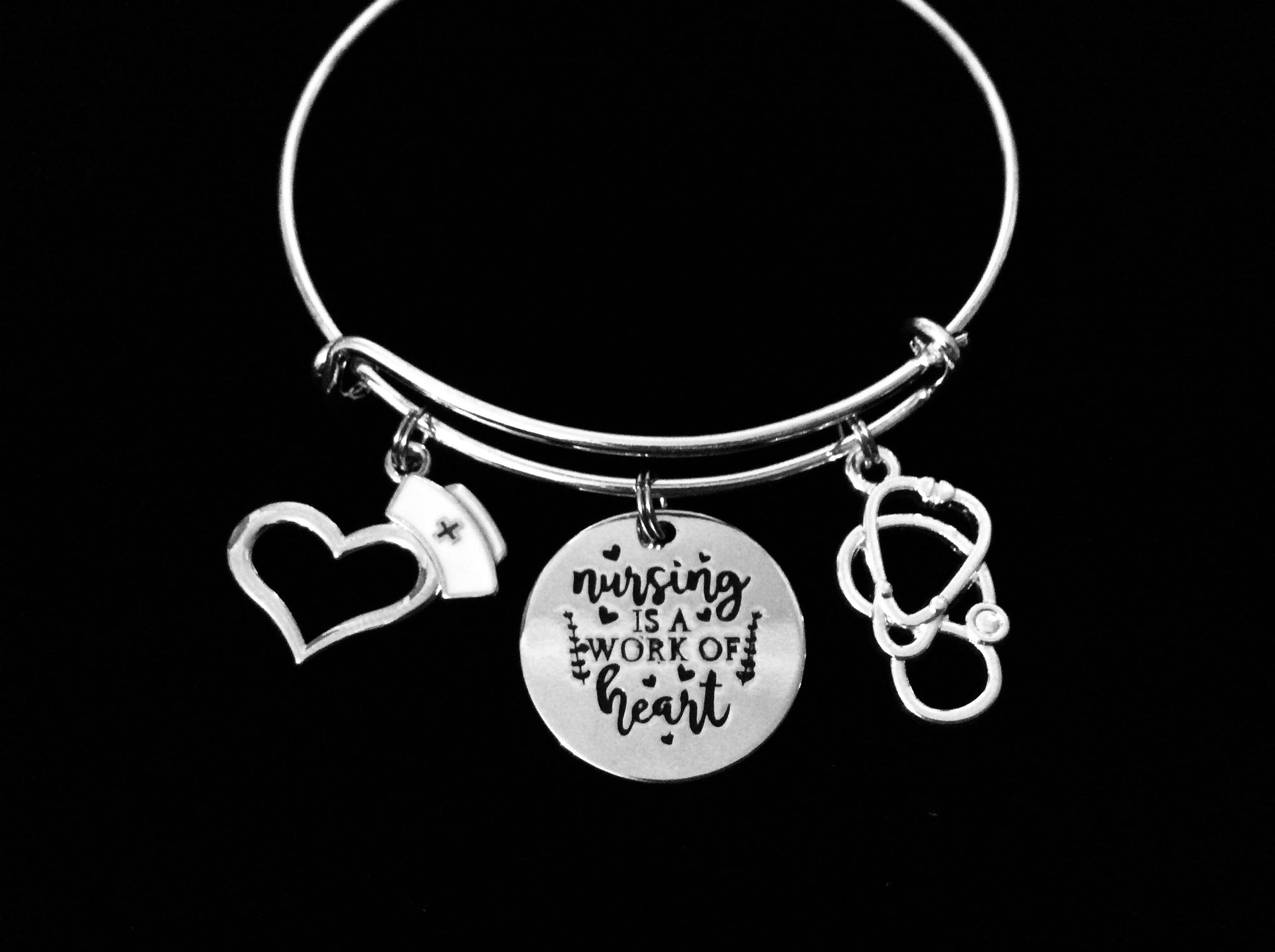 Nursing is a Work of Heart Bracelet - Adjustable Silver Charm Bangle | Stethoscope Nurse Gift