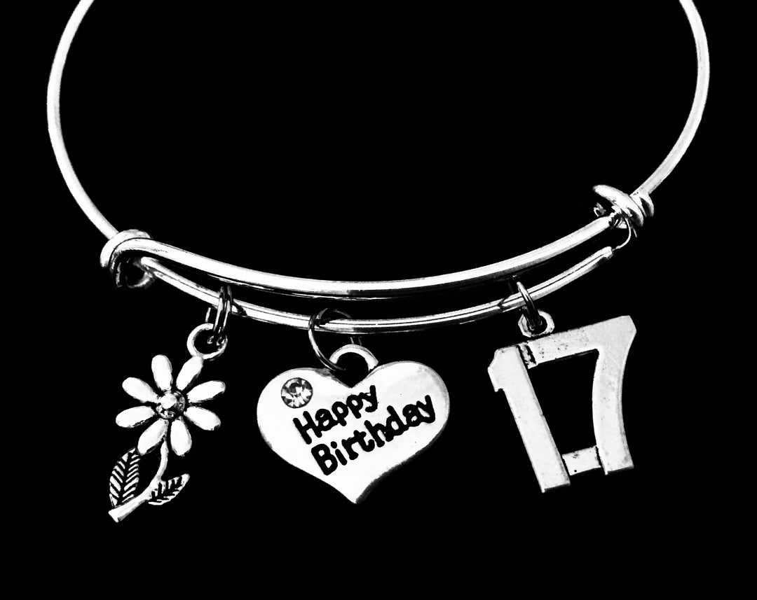 17th Birthday Charm Bracelet – Adjustable Silver Bangle with Happy Birthday Heart, Flower &amp; Number 17 Charms