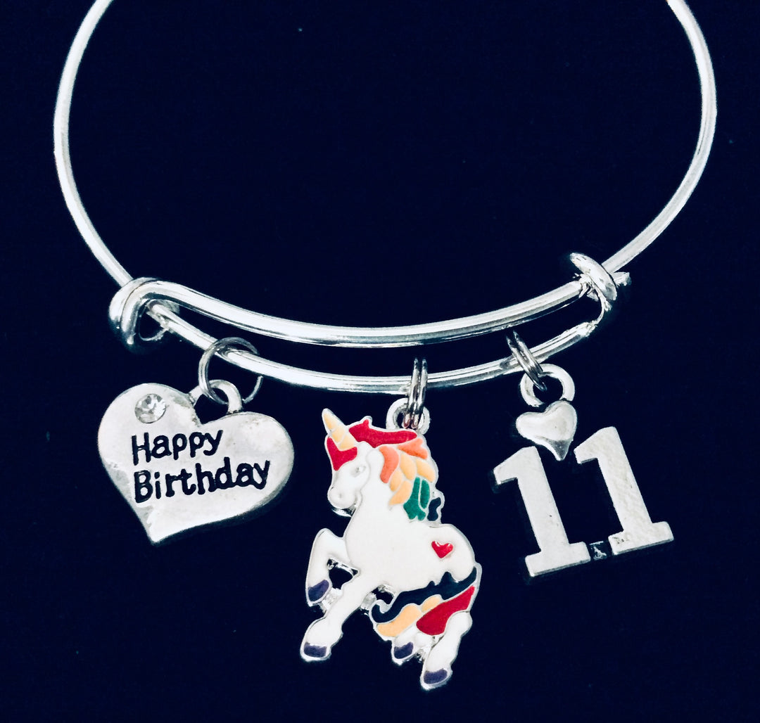 Unicorn Happy 11th Birthday Expandable Charm Bracelet 11 Birthday Silver Adjustable Wire Bangle