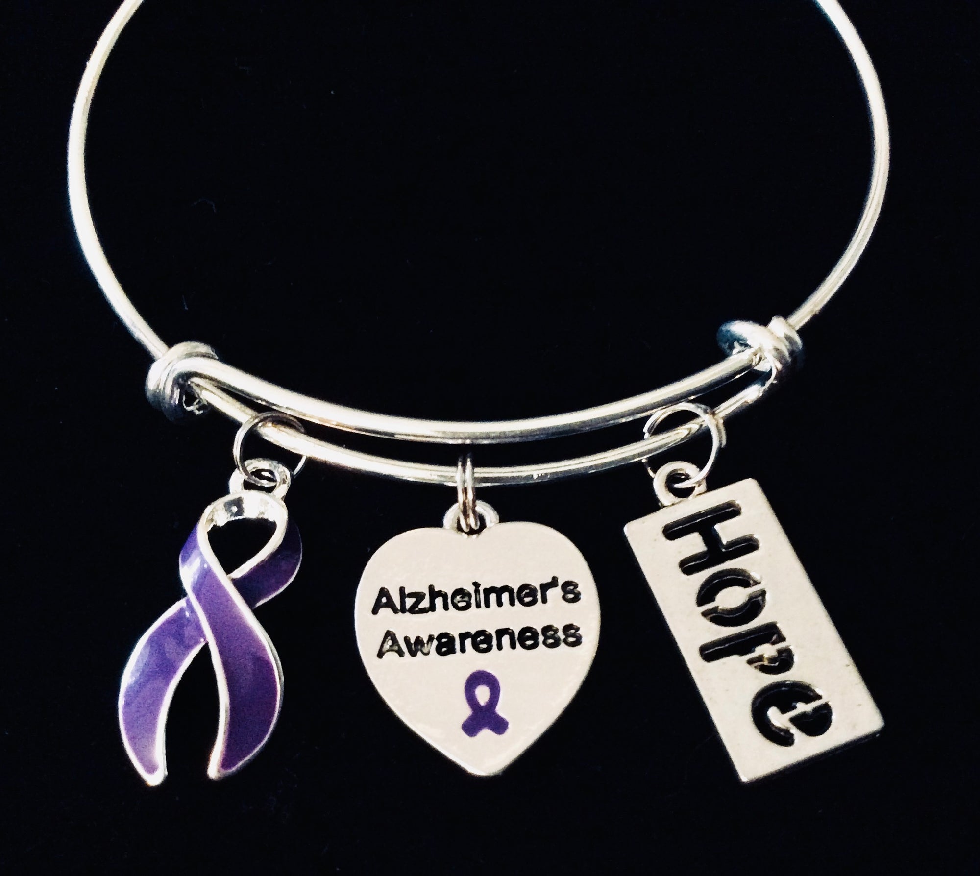 Hope Alzheimer's Awareness Charm Bracelet Purple Ribbon Expandable Adjustable Silver Wire Bangle