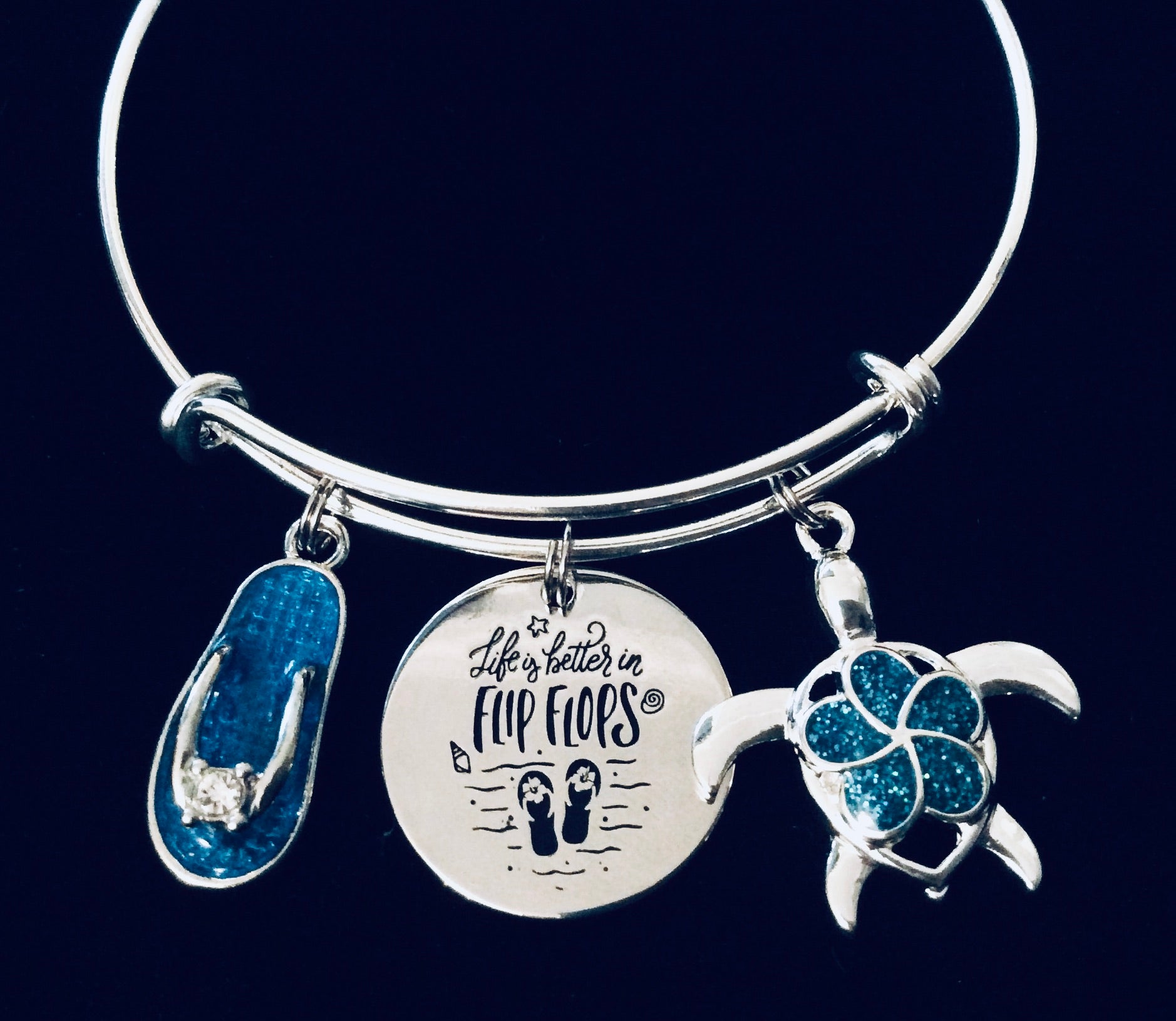 Life is Better in Flip Flops Expandable Charm Bracelet Nautical Jewelry Adjustable Silver Bangle