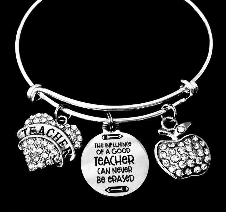 Silver bangle with rhinestone Teacher arch, inspirational quote disc &amp; crystal apple charm — teacher appreciation bracelet