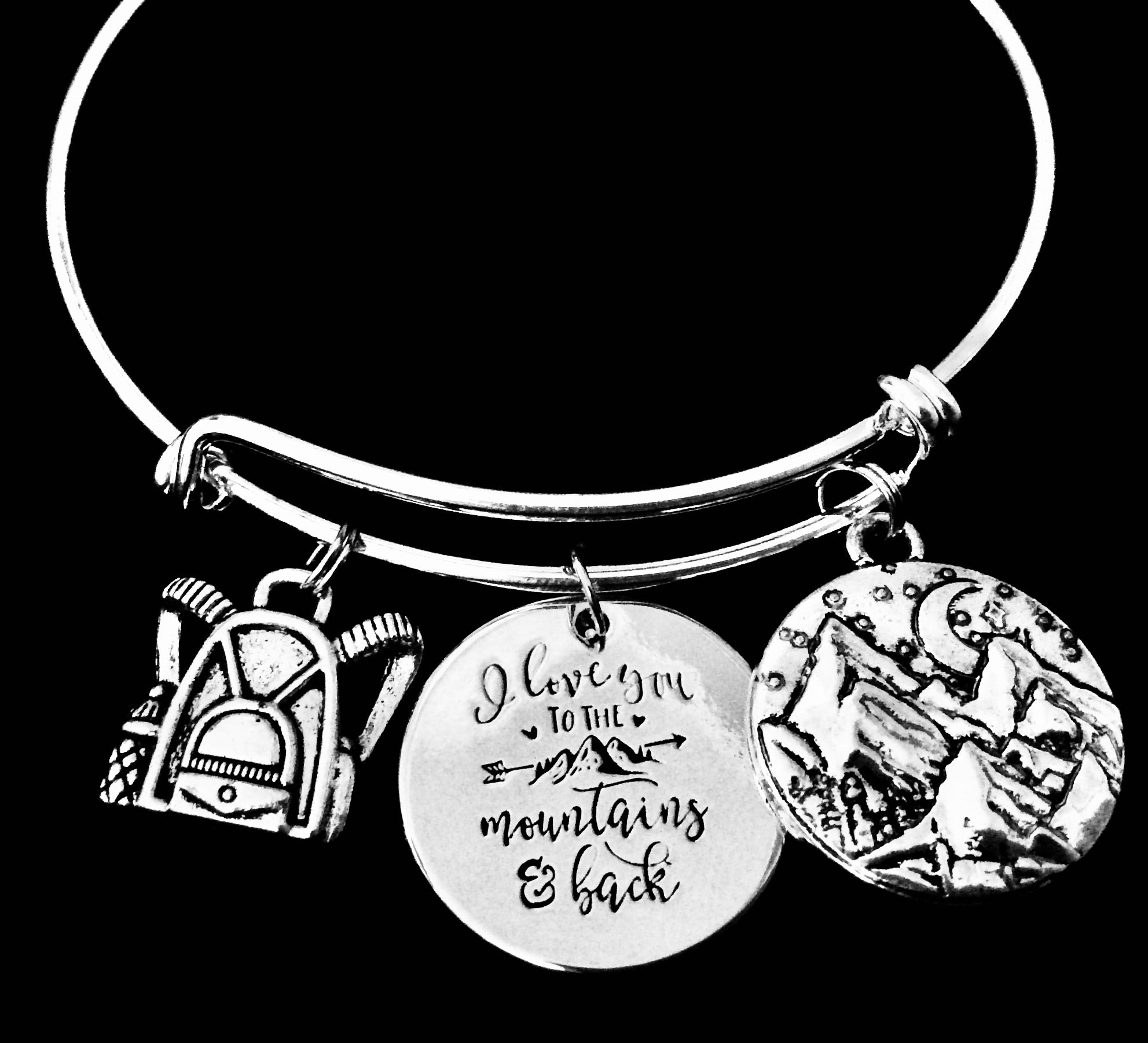 I Love You to the Mountains and Back Expandable Charm Bracelet Silver Adjustable Bangle 