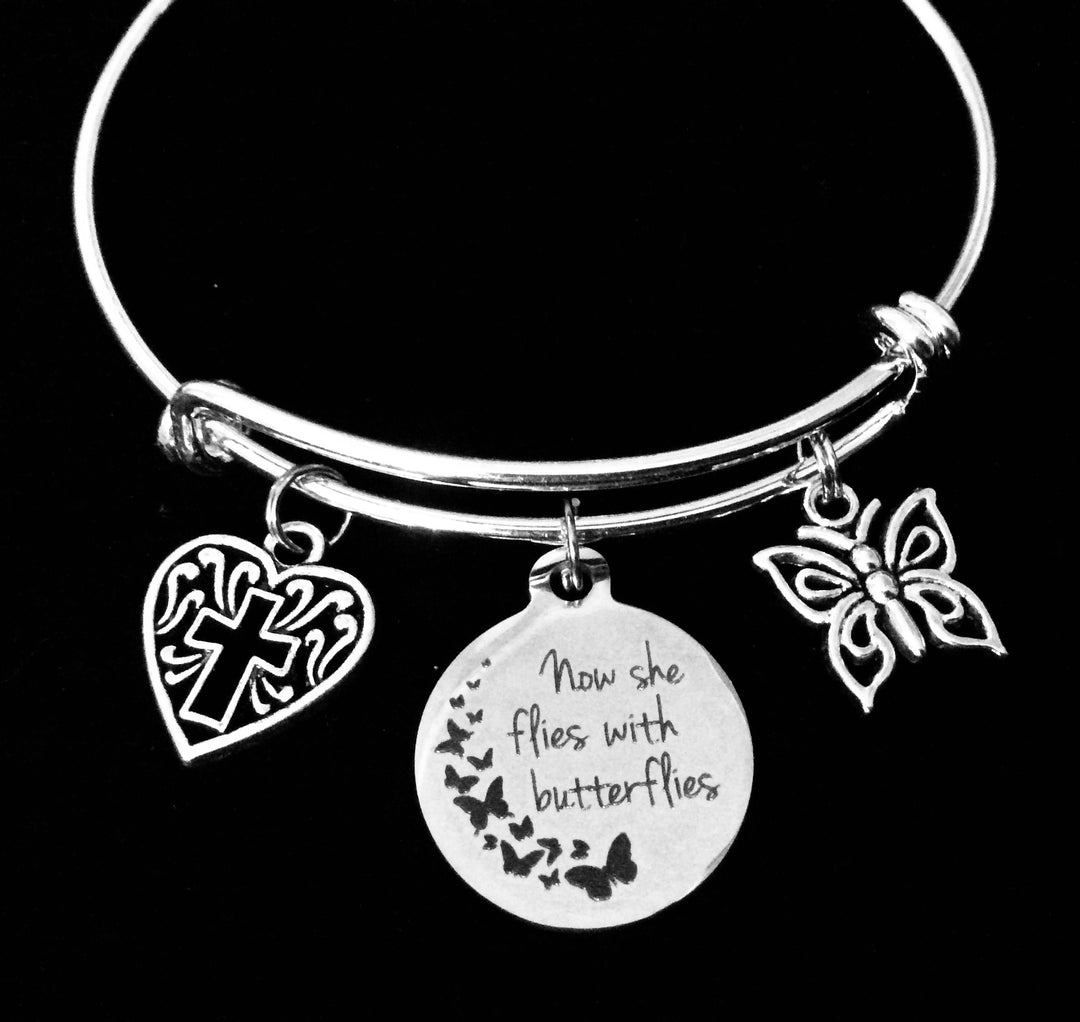 Memorial Bracelet for Loss of Loved One, Now She Flies With Butterflies Sympathy Gift, Expandable Silver Charm Bangle, Remembrance Jewelry for Women