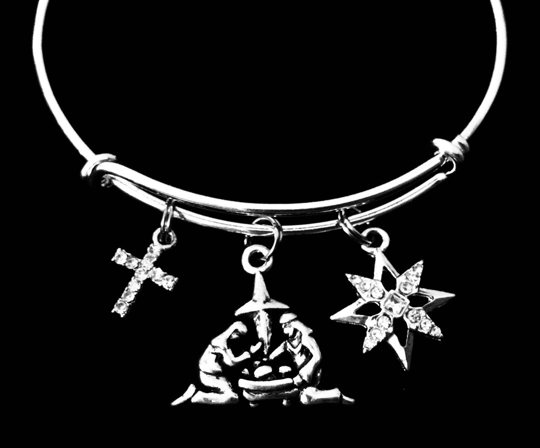 Nativity Christmas Charm Bracelet – Silver Adjustable Bangle with Cross, Nativity Scene &amp; Rhinestone Star Charms