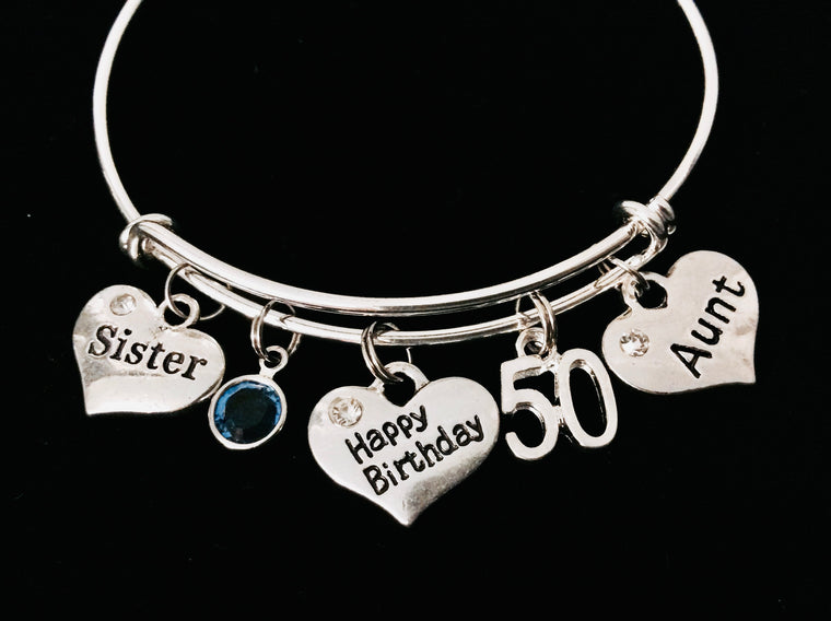 Happy 50th Birthday Sister Aunt Adjustable Bracelet Silver Expandable Bangle Trendy Gift Birthstone